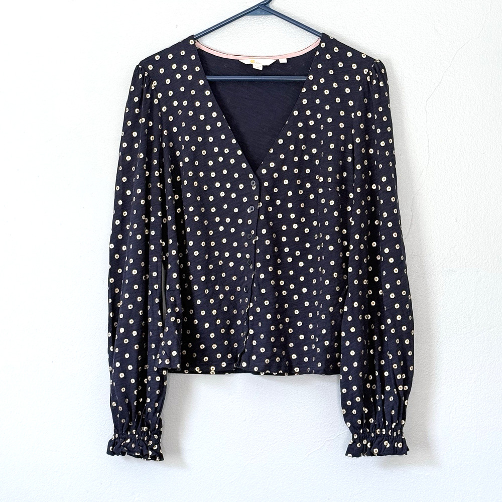 Boden Top Size US 10 Navy Blue Gold Metallic Dots Ruffle Long Sleeve Button Up